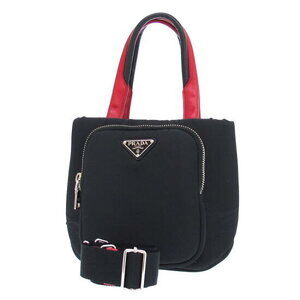 Prada Tessuto Pocket Handbag black nylon red leather handles